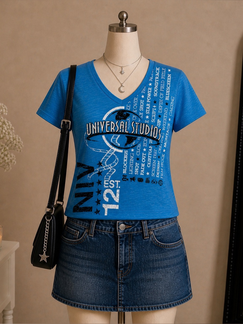 Universal Studios graphic tee blue V neck movie park shirt size S Y2K